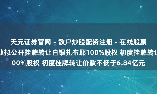 天元证券官网 - 散户炒股配资注册 - 在线股票如何杠杆开户 西藏矿业拟公开挂牌转让白银扎布耶100%股权 初度挂牌转让价款不低于6.84亿元